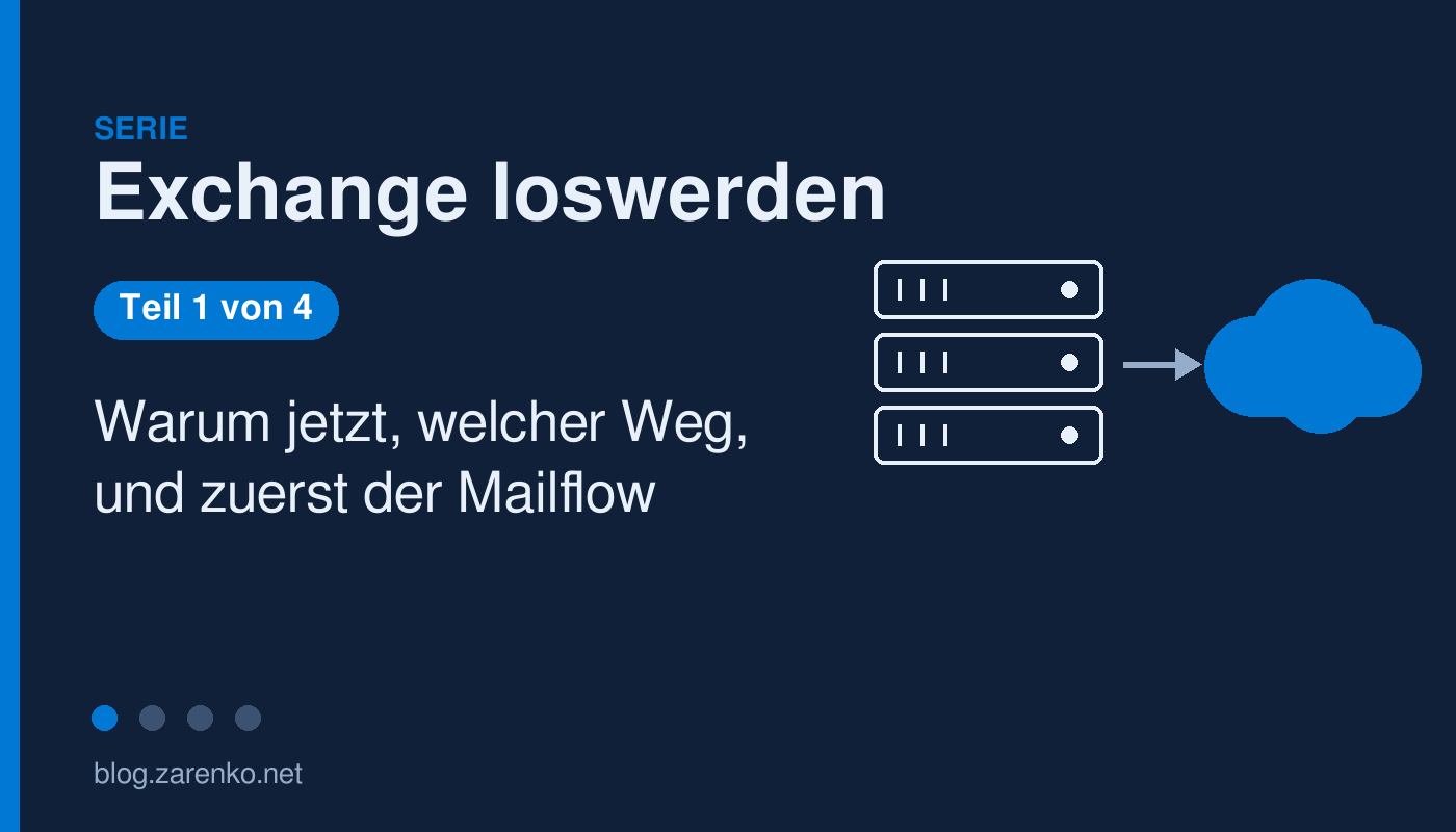 Serienbild Exchange loswerden, Teil 1 von 4: Warum jetzt, welcher Weg, und zuerst der Mailflow. Rechts ein Server-Symbol mit Pfeil zu einer Wolke.