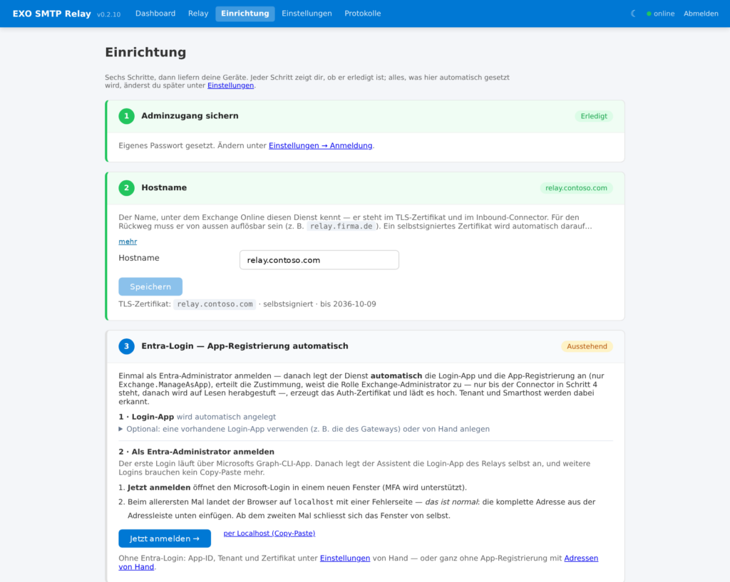 exo-smtp-relay: Einrichtungsassistent mit Adminzugang, Hostname und Entra-Login (Demo-Daten)
