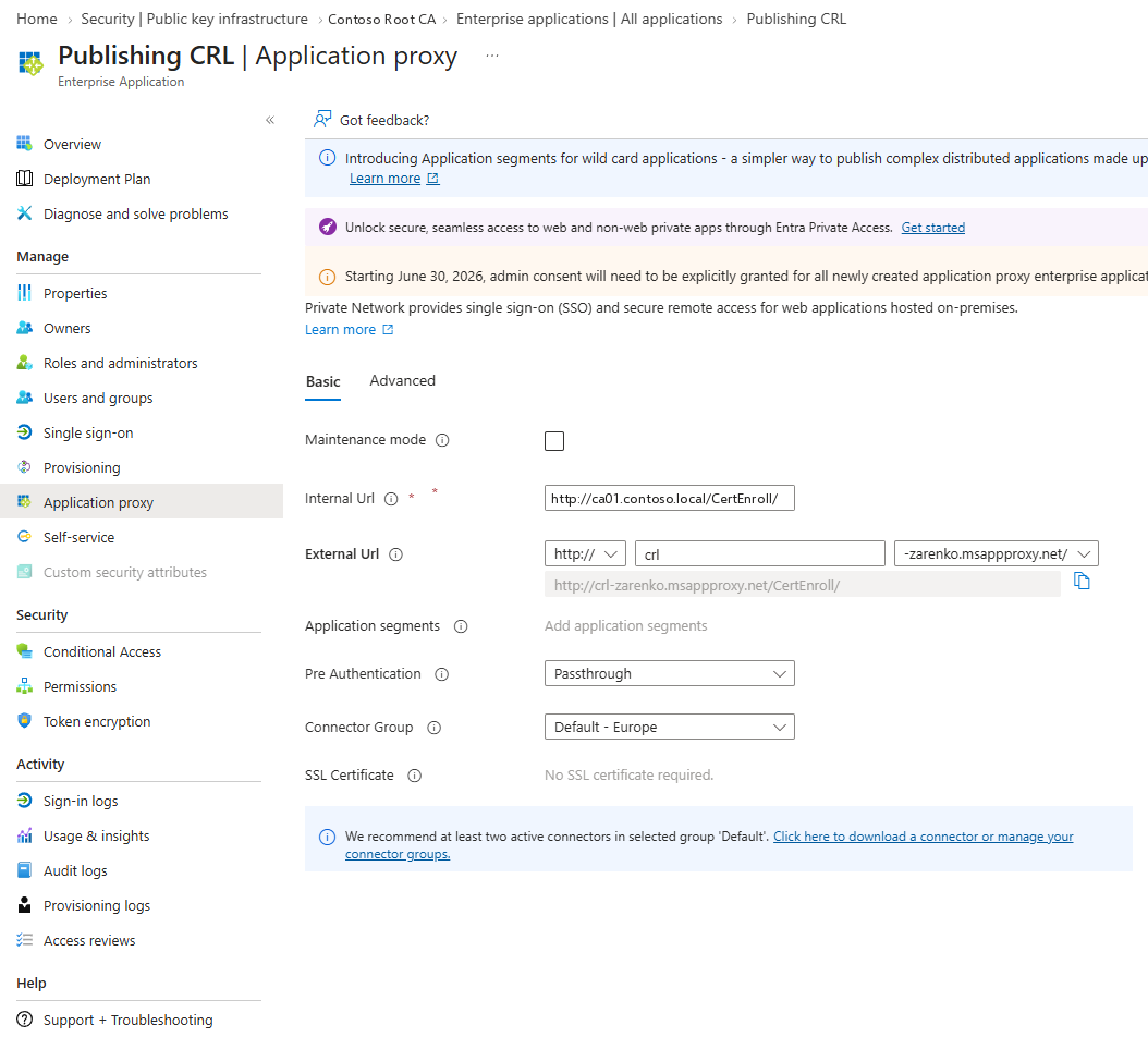 Enterprise App „Publishing CRL“ im Entra Admin Center: Internal URL auf den CertEnroll-Pfad der CA, External URL mit http:// auf msappproxy.net, Pre Authentication Passthrough