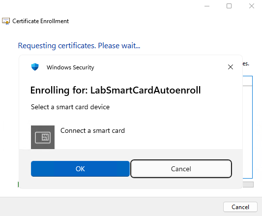 PIN-Dialog „Enrolling for: LabSmartCardAutoenroll – Select a smart card device – Connect a smart card“