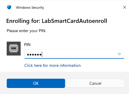 PIN-Abfrage „Enrolling for: LabSmartCardAutoenroll – Please enter your PIN“ mit Smartcard-Symbol