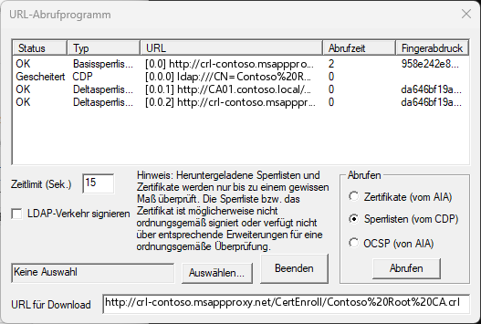URL-Abrufprogramm von certutil: Basis- und Delta-Sperrliste über die msappproxy-URL mit Status OK, LDAP-Eintrag gescheitert