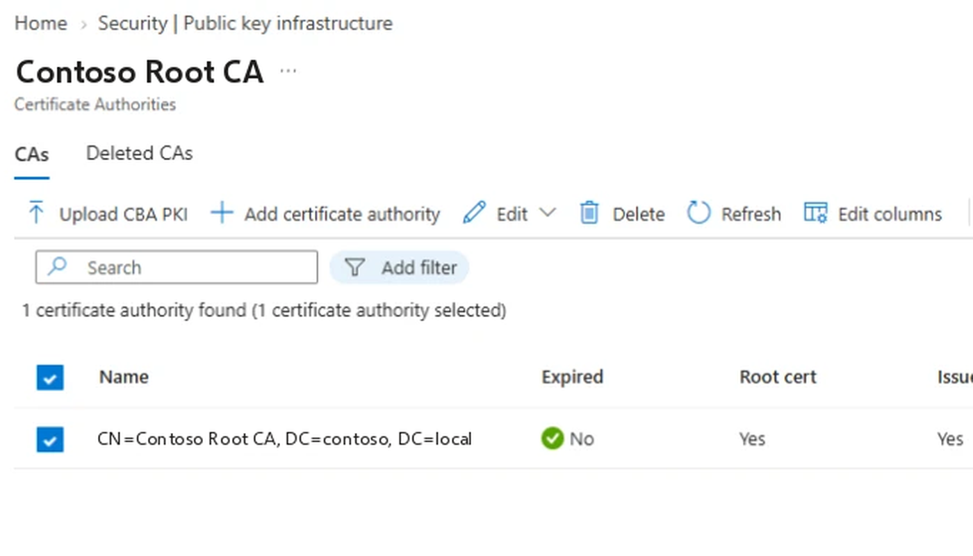 Entra Admin Center, Security → Public key infrastructure: Root-CA im Trust Store