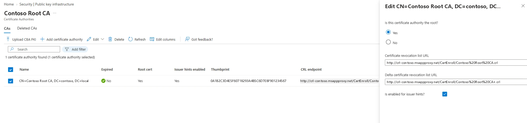 Entra Admin Center, Security → Public key infrastructure: Root-CA mit Base- und Delta-CRL-URL auf msappproxy.net und aktivierten Issuer Hints
