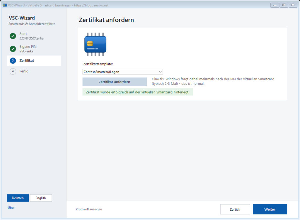 VSC-Wizard Simple-Modus: Zertifikat erfolgreich auf der virtuellen Smartcard hinterlegt