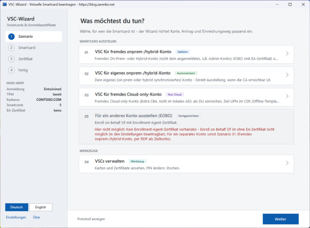 VSC-Wizard Startseite: Szenario-Auswahl für eigene, fremde und Cloud-only-Konten